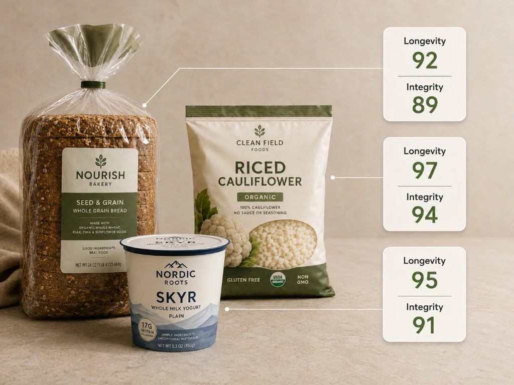 Three packaged foods with Longevity and Integrity score callouts: seed bread 92/89, skyr yogurt 95/91, and riced cauliflower 97/94