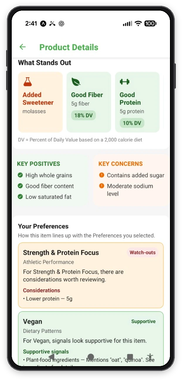 Example of how personal priorities can highlight what matters most about a food, alongside the public Longevity and Food Integrity analysis